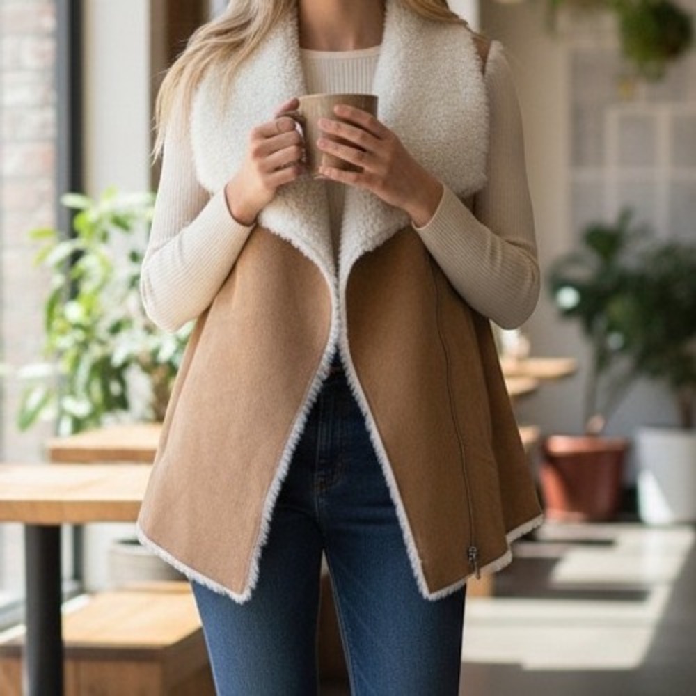 Canyon River Blues Tan Faux Suede Sherpa Lined Vest Women Size L/XL Open Front